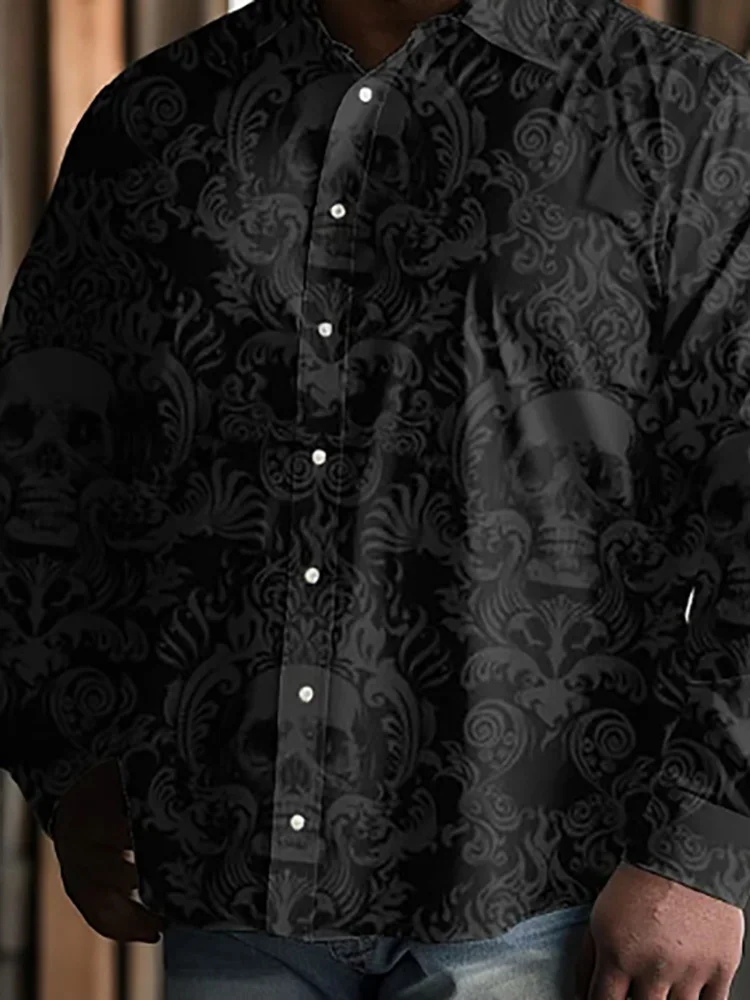 Biggmans Plus Size Skull Lapel Long Sleeve Shirt Men Spring Summer Oversize Club Shirts Halloween Male Single Breasted Tops 2024