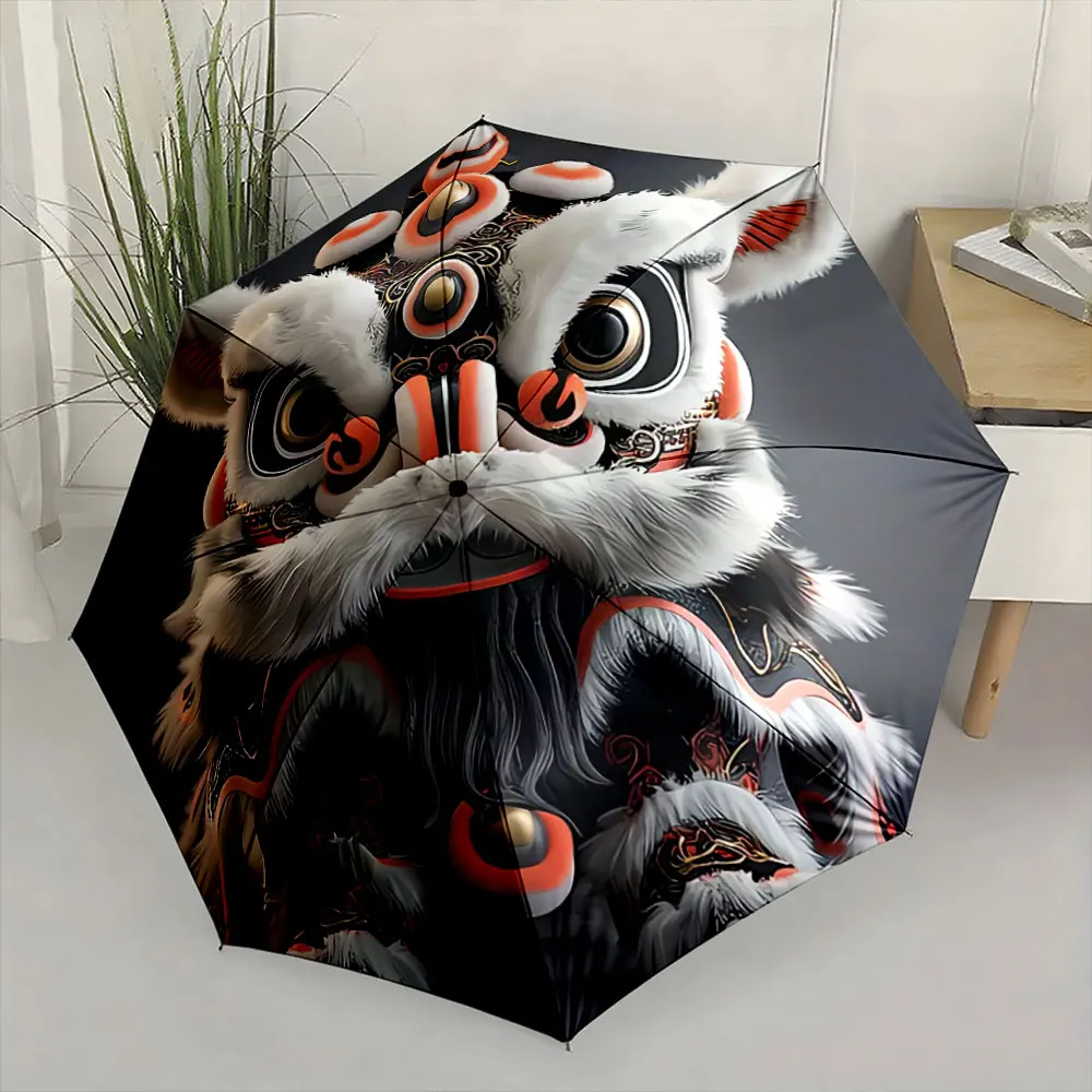 Cute Traditional Chinese Lion Dance Design with White Fur and Red Details Compact Fashion Folding Umbrella for Daily Use,Gift