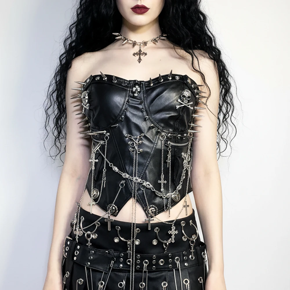 Spike Studded Rivet Punk Rock Grunge Teen Harajuku Emo Y2K Halter Camisole TOPS Skull Goth Fashion Revival Gothic E-Girls
