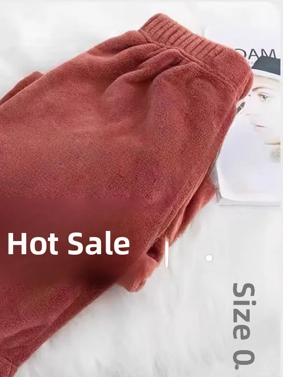Women's Coral Fleece Warm Pants Autumn Winter Casual Home Pants Cuffed Sleepwear High Waist Nine Points Thickened Home Clothes