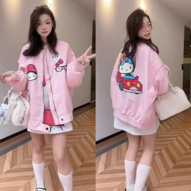

American Hello Kitty Heavy Industry Embroidered Baseball Jacket Women Loose Versatile Color Blocked Coats Spring Women Clothing