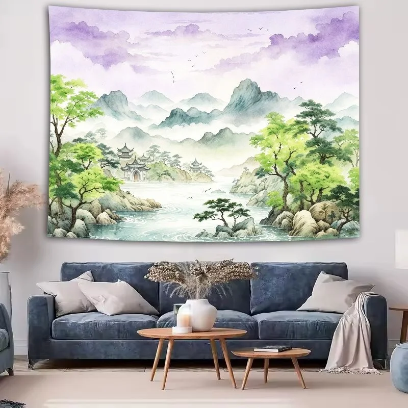 VIKAMA Chinese Ink Painting Tapestry Wall Hanging, Bright HD Print, Wall Art for Living Room Bedroom Office Study Room Decor