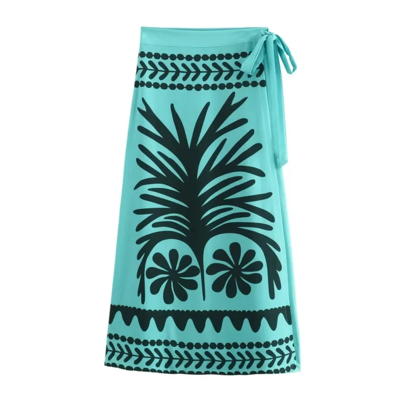 

Printed mid length skirt for Womens Waist lace up decoration Casual High Street outdoor style Ankle-Length Skirt