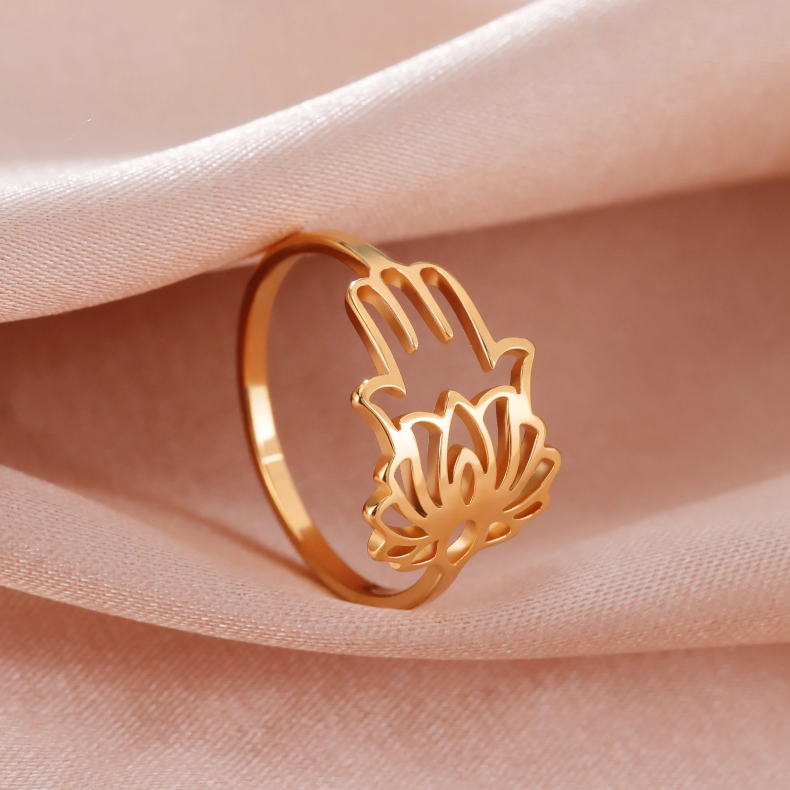 Kkjoy Damenringe, silberfarben, Hamsa, Hand der Fatima, Edelstahl, weibliche Persönlichkeit, hohler Schmuck, Accessoires, Mädchen-Geschenk – Detail 13