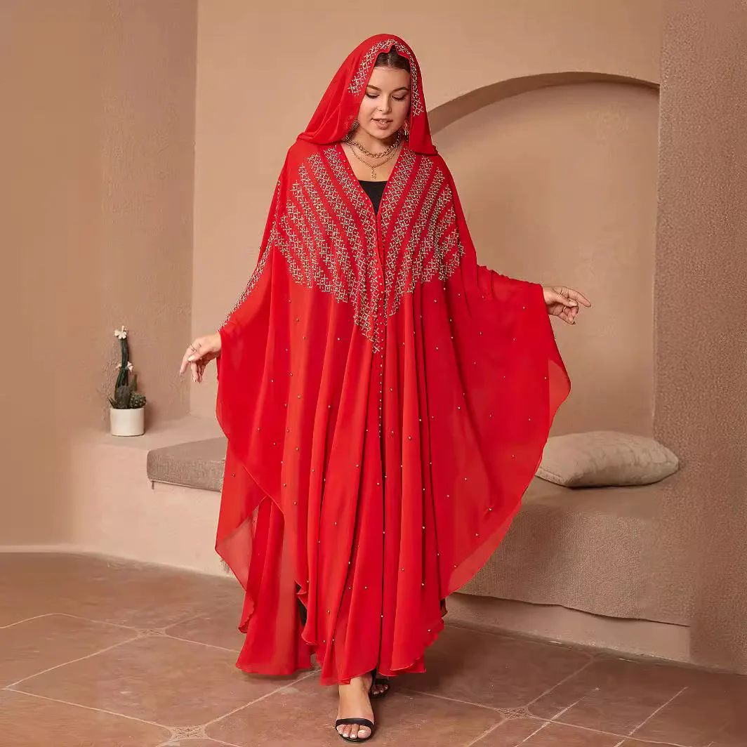 Women's Oversized Women's Robe Shawl With Hot Diamond Studded Beads Gorgeous Hooded Muslim Dress