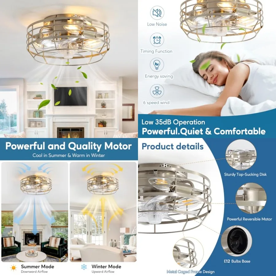

Caged Ceiling Fan with Light and Remote, Flush Mount Fan Lights Ceiling Fixture, Modern Bladeless 12 in 6 Speeds Fans with Ligh