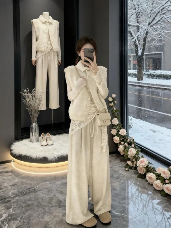 

Faionable Lazy Sle Four-Piece Set Women's Vest Base irt Curtain Casual Pants Comfortable Midweight Cotton High Collar