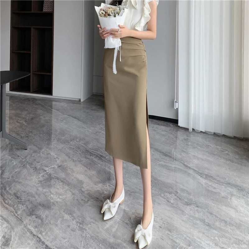 Seoulish 2025 Summer New Women's Skirts Vintage Solid Office Lady Style High Waist Wrapped Slim Pleated Suit Skirts for Women