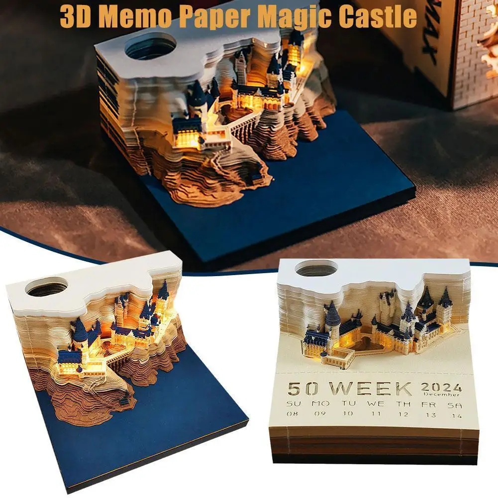 Calendários rasgos iluminados castelo mágico 3d bloco de notas 2025 design hary bloco memo calendário notas papel nota b9s9
