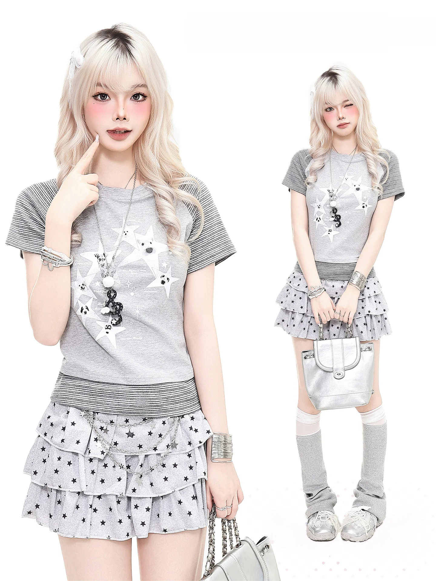 

Girls' Short Sleeve T-Shirt Striped Patchwork Star Print Vintage Versatile Shoulder Insertion Summer Casual Wear Female Top