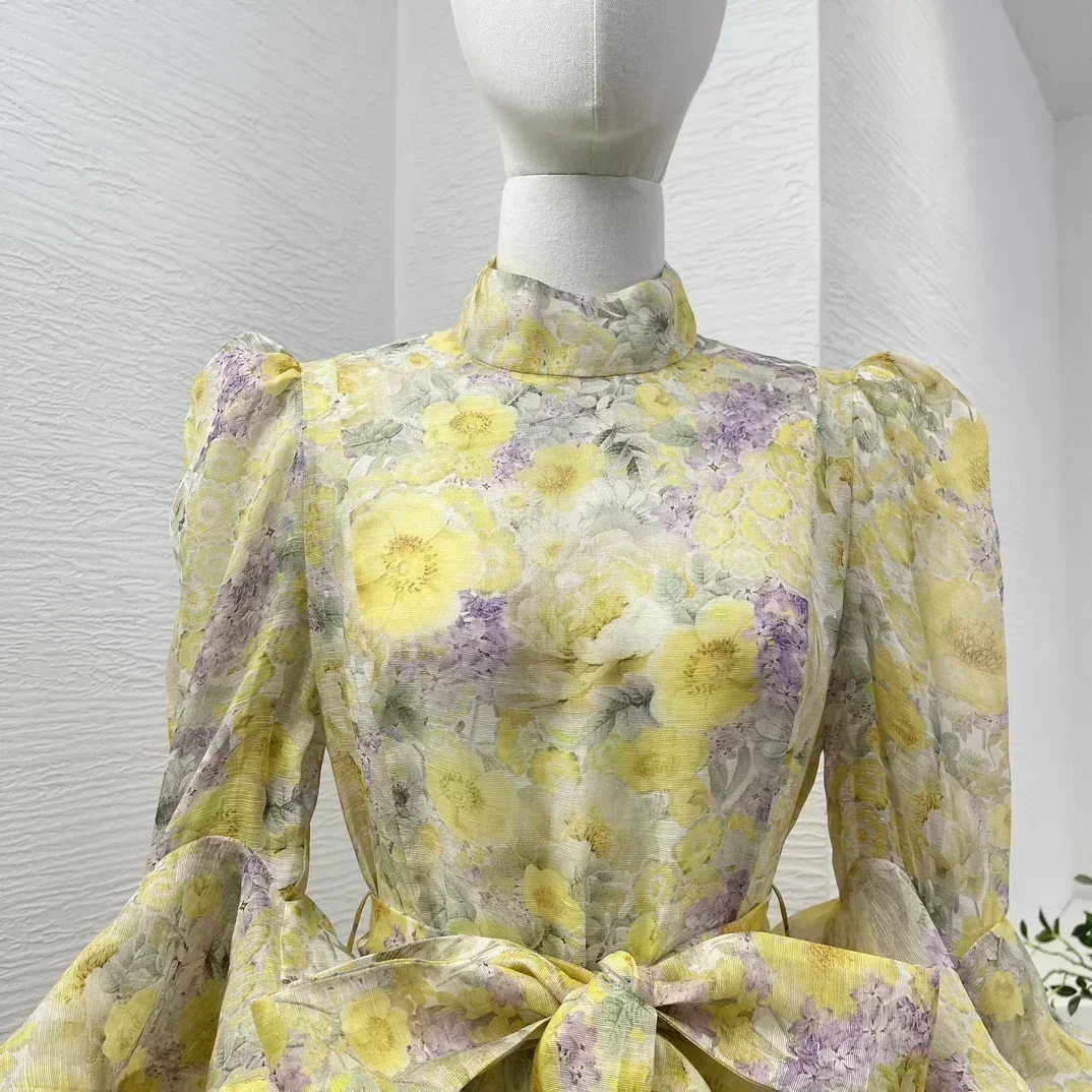 InjLinen-Robe mi-longue à volants à imprimé floral jaune pour femme, col roulé en cascade, nœud, haute qualité, nouveau, 2024