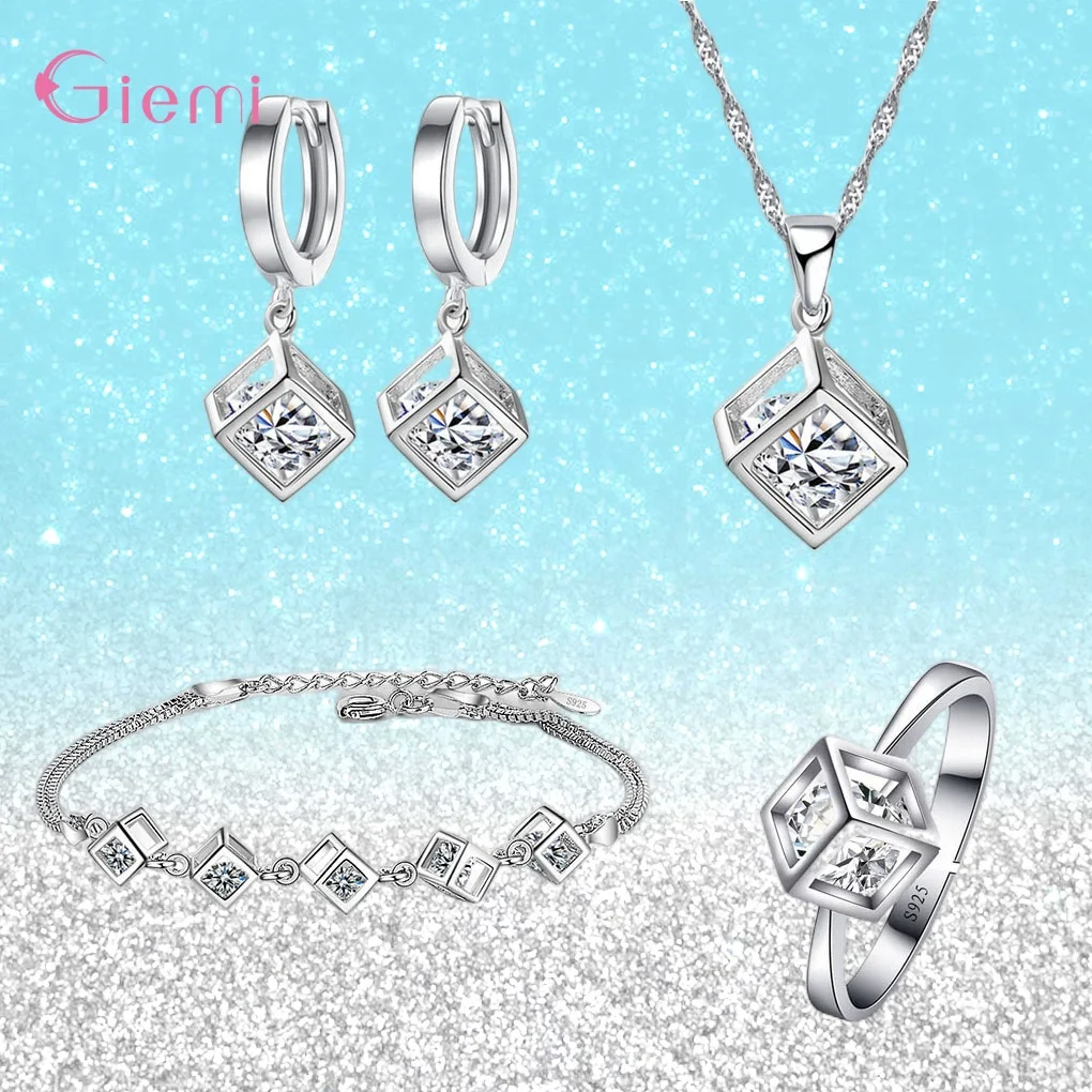 New Arrival Youthful Inlaid Cube Wedding Engagement Gift Necklace Earrings Ring Bracelet Sets 925 Sterling Silver Jewelry