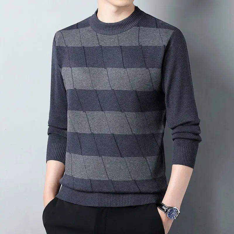 

Autumn Winter Long SleevePullover Men Round Collar Striped Cotton Sweaters Slim Fit Pull Homme Knitting Sweaters 2023 A104