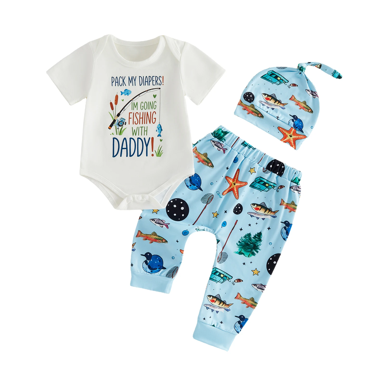 

Baby 3Pcs Summer Outfits Short Sleeve Fish Letter Print Romper Pants Hat Set Infant Clothes