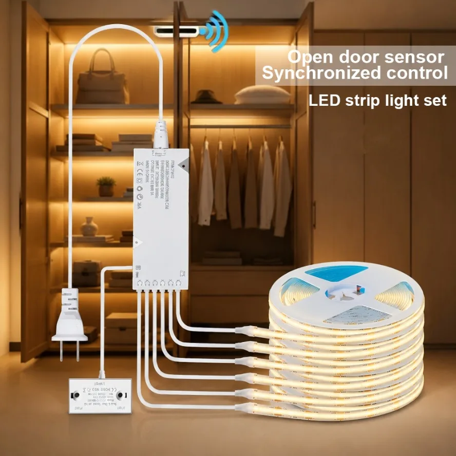 1-6PCS Double Side Door Sensor LED Light Strip Set US/EU Plug Bookcase Locker Decor Light for Showcase Storage Cabinet Lighting