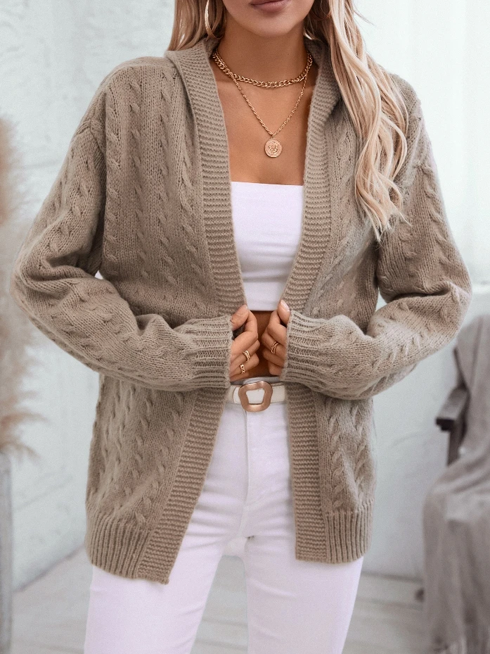 

Women's Lazy Cardigan 2024 Autumn Winter Latest Solid Color Hooded Knit Top Retro Loose Long Sleeved Buttonless Sweater Jacket