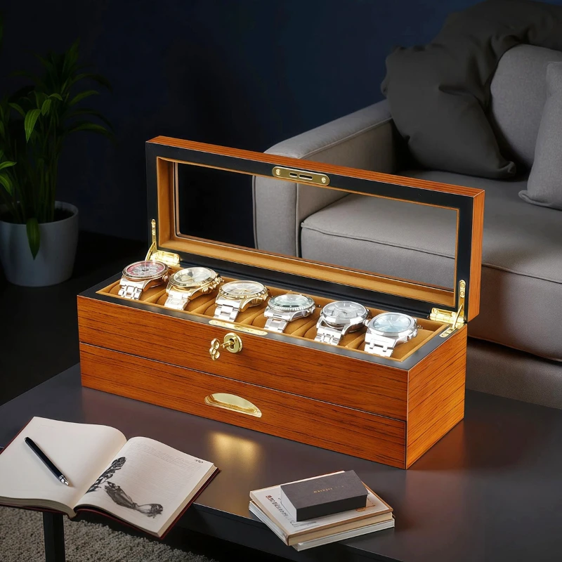 6 Slots Watch Boxes Double-layer Storage Watch Boxes Organizer Drawer Jewelry Box Wooden Display Wrist Watches Case Accessories