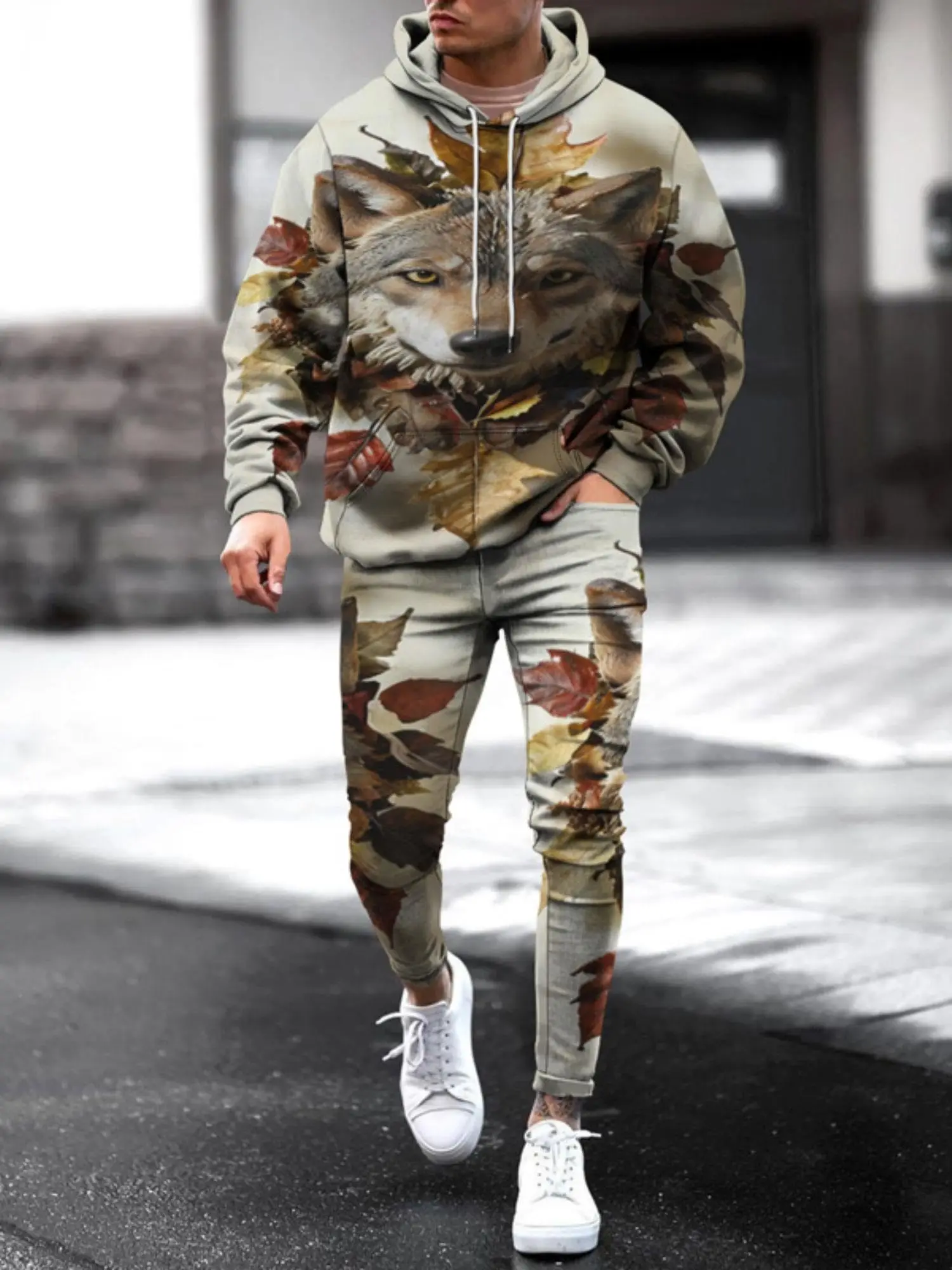 Men\'s 3D Printed Novel Wolf Hoodie Set Adult Two piece Sportswear Sweatshirt Casual Street Sweatpants Suit Men Women Universal