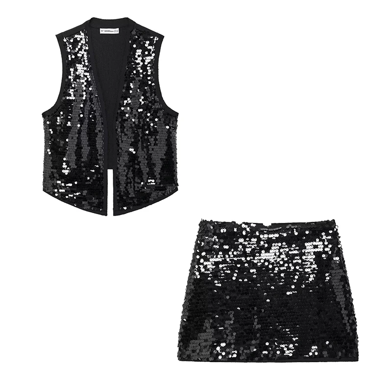 Willshela Women Fashion 2 Piece Set With Sequined Solid Tops & Vintage Back Zipper Mini Skirt Female Chic Lady Skirts Set