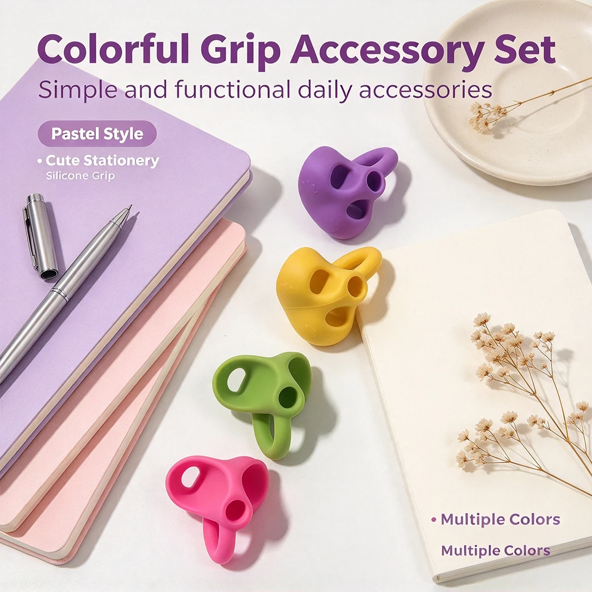 Silicone pen holder, 10 piece set of colored writing pen holding aids, soft handle for writing posture control