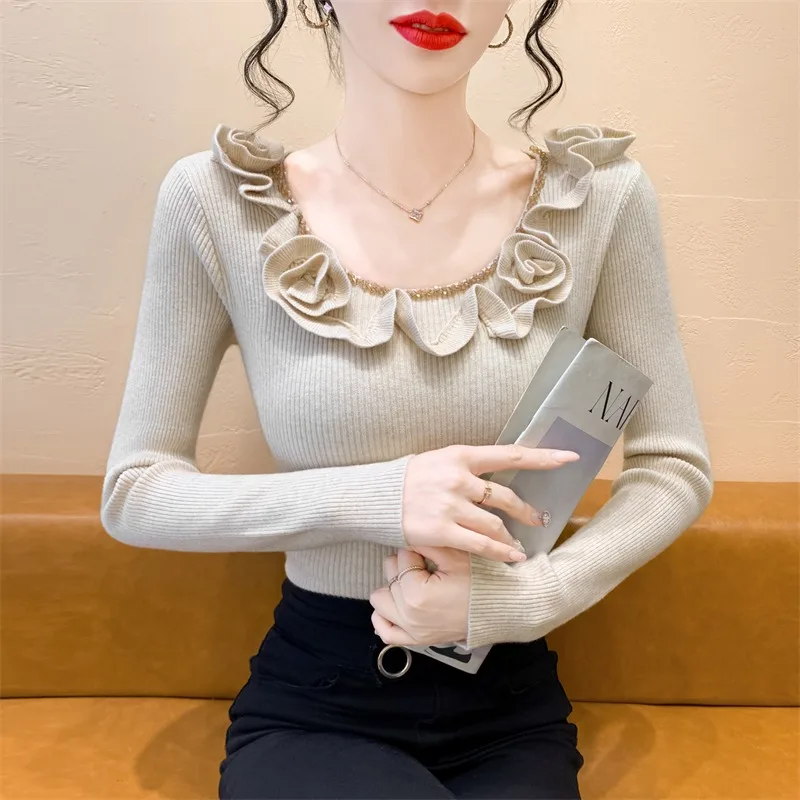 Doce emenda de madeira orelha longa sve camisola de malha feminina início do outono fino gola quadrada base irt único bonito topo
