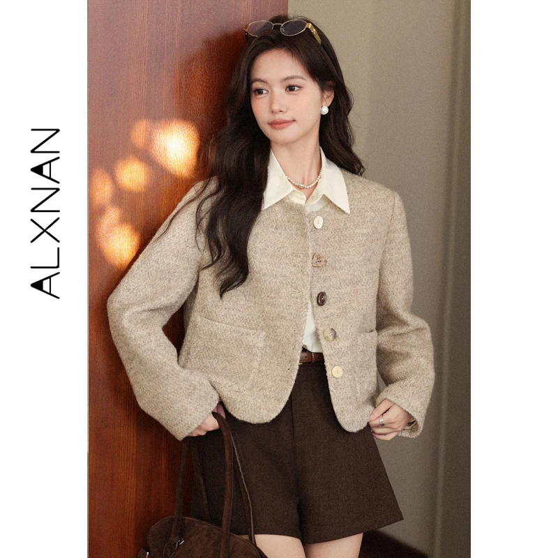 

ALXNAN Women Winter Jacket 2025 New Autumn Warm Oatmeal Short Tweed Coat Elegant Chic Buttons Fashion Outerwear Female L58767