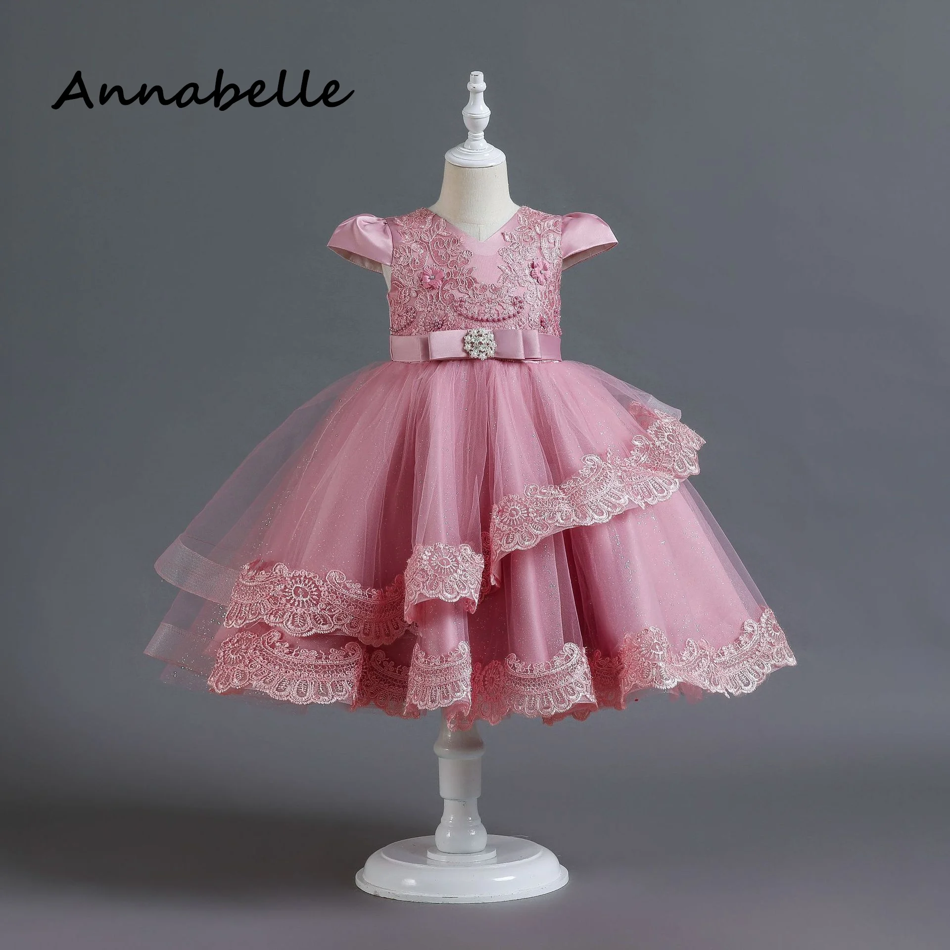 Annabelle-vestido de princesa de flores para niña, vestido de dama de honor con lazo para ceremonia de cumpleaños, rosa, cuello redondo para fiesta de boda