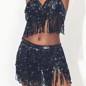 Conjunto de cinto de sutiã para dança do ventre, conjunto de lantejoulas latinas, saia quadril, sexy, fantasia de festa, 4 camadas, borla, performance de palco, pano 8 principais vendas soutien dança do ventre - №5