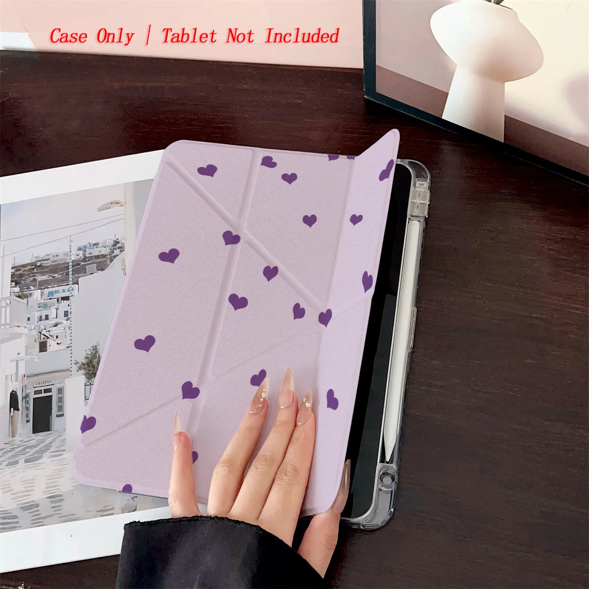 

Elegant Y-Fold Violet Background & Small Purple Hearts Art Print iPad Case For Apple iPad Pro 12.9 Air 3 Mini 5 9th Gen Cover