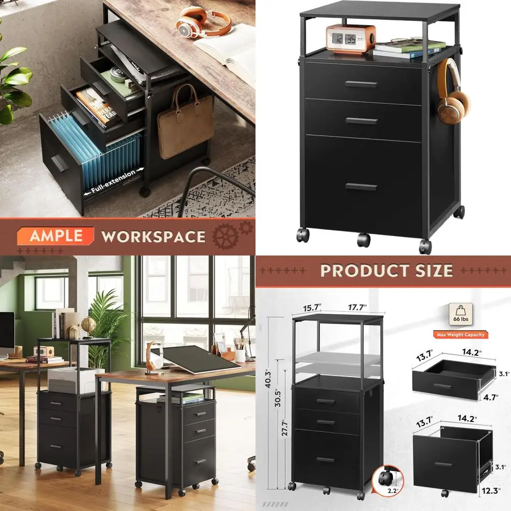 

Adjustable Shelf Rolling Printer Stand and Black Wood Home Office File Cabinet