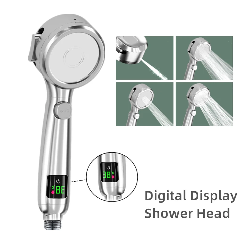 4 Modes Temperature DigitDisplay Shower Head Handheld No Charging Required High Pressure Water Saving  Shower Head For Bathroom