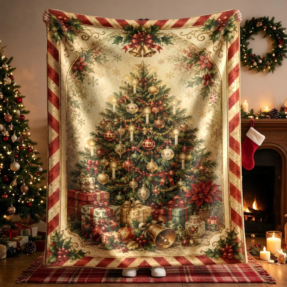 Vintage Christmas Toy Rocking Horse Train Bow Gift Fleece Throw Blanket Soft Cozy Lightweight Blanket for Sofa Couch Bed Festive