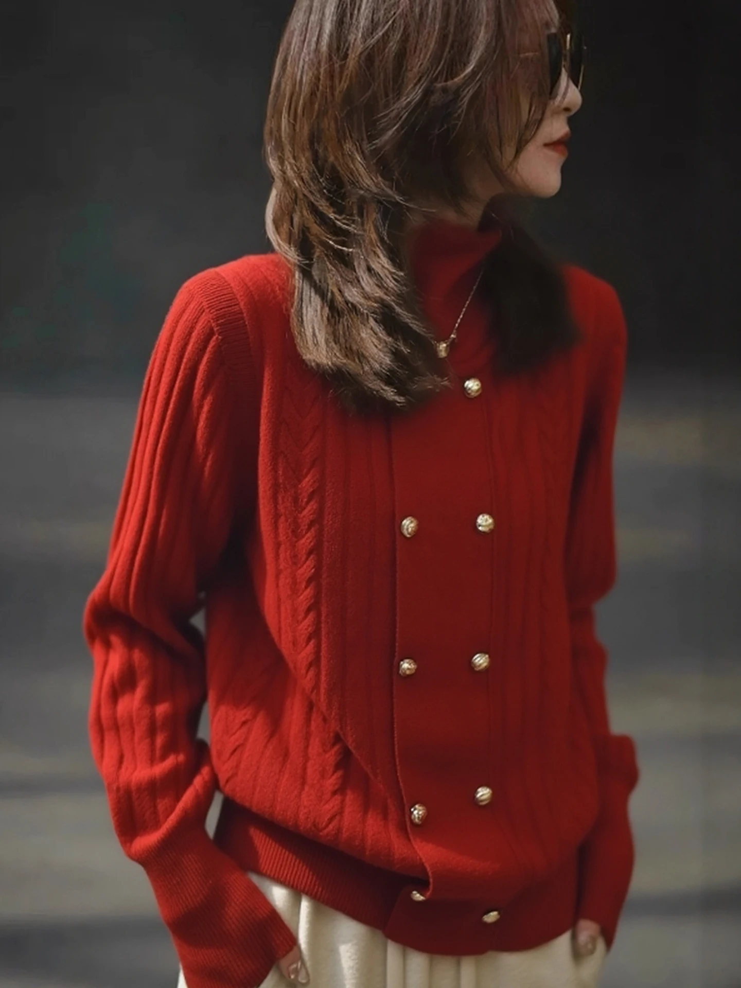 

Soft Comfortable Camere Knitted Red High Collar Long Sve Winter New Year Korean Sle Women's Sweater Faionable Trendy
