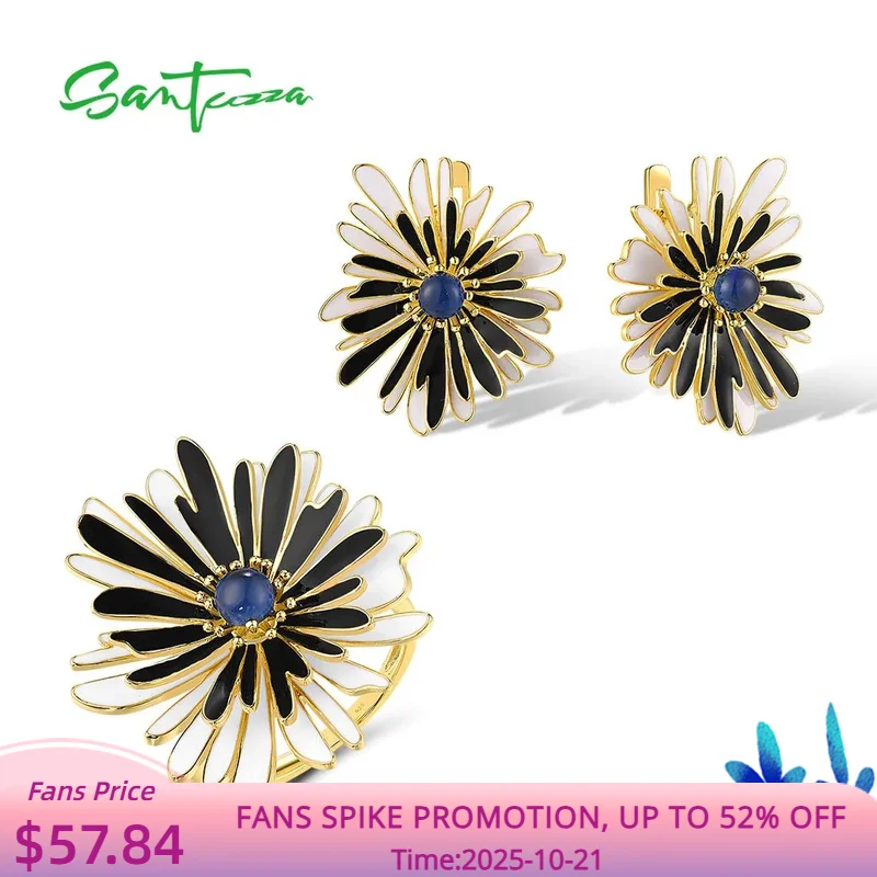 

SANTUZZA Jewelry Set 925 Sterling Silver For Women White Black Enamel Flower Earrings Ring Elegant Wedding Party Fine Jewelry