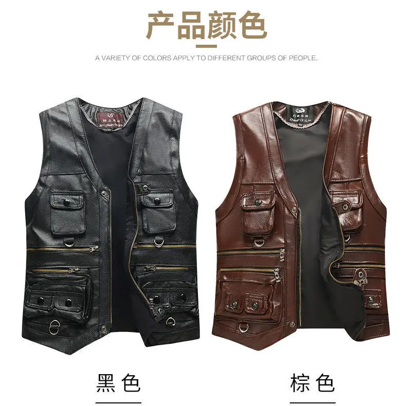 Men\'s Genuine Leather Vest  Keep Warm In Autumn and Winter Top Layer Cowhide Spring and Autumn Multiple Pockets Photography