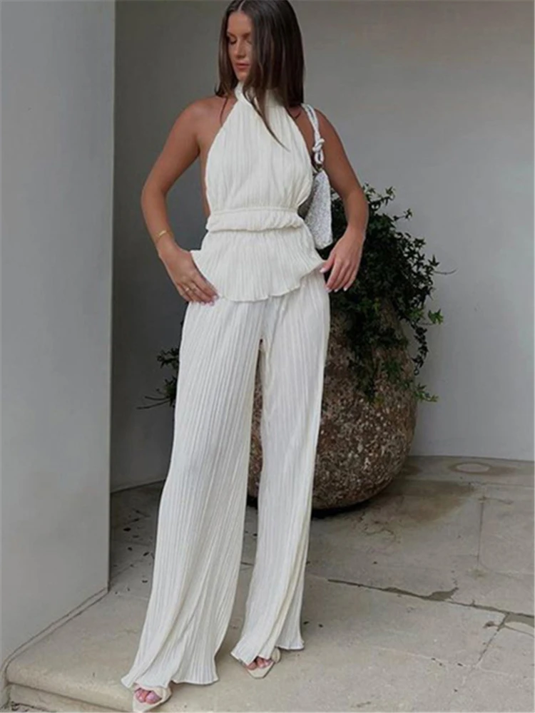 

New Women Summer High Waist Pants Set Casual Loose Halter Two Piece Sets Suit Ladies Elegant Ruched Travel Holiday Outfits
