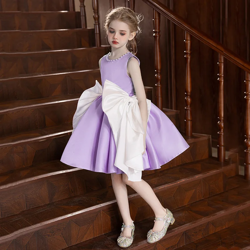 Girls Party Dresses Elegant Sleeveless Pearls Princess Dress Birthday Party Wedding Prom Gown Big Bow Girl's Ceremonial Dress