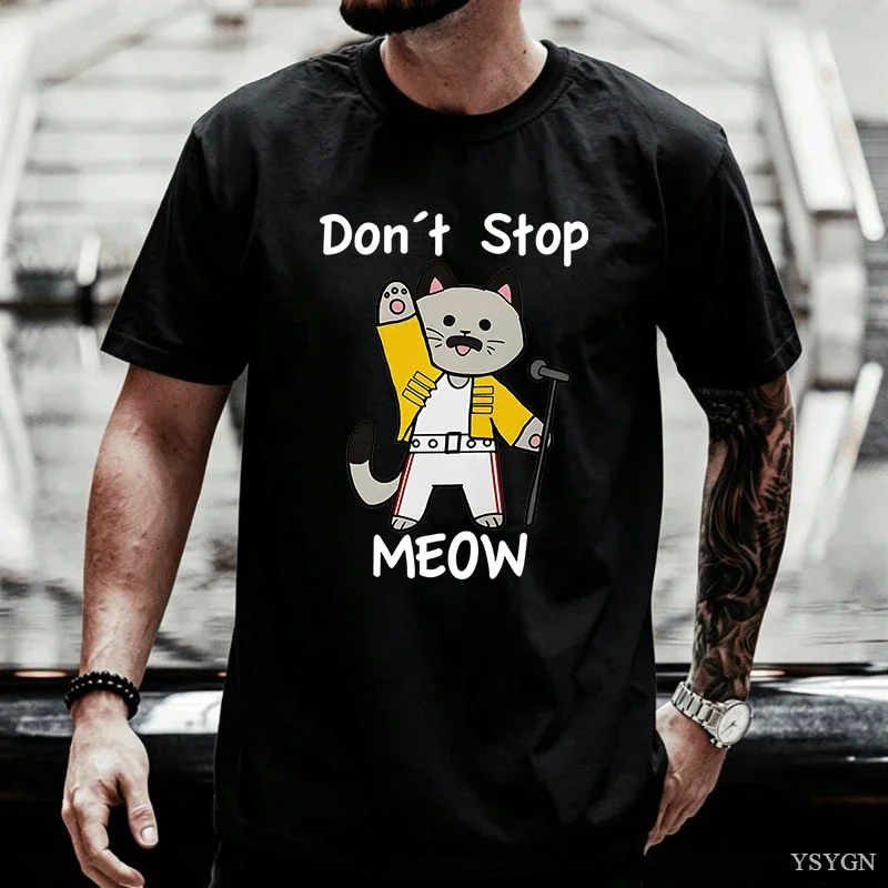 Don't Stop Meow T-Shirt Funny Cat Printed T Shirt Men Vintage Music Cartoon Casual Short Sleeve Women Fashion Top Clothing Tops