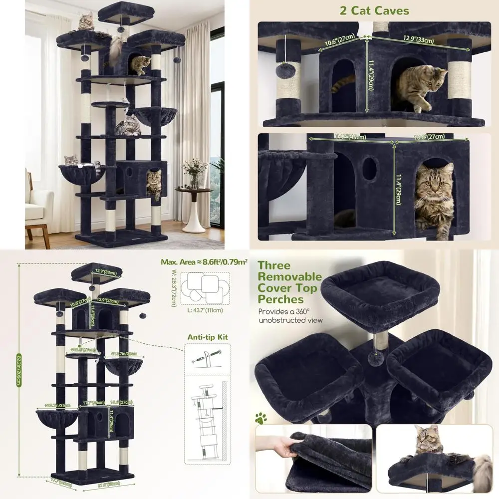 

82-inch Tall Cat Tower for Multiple Cats with Scratching Post, 3 Perches, 2 Condos, 2 Baskets, Dark Grey