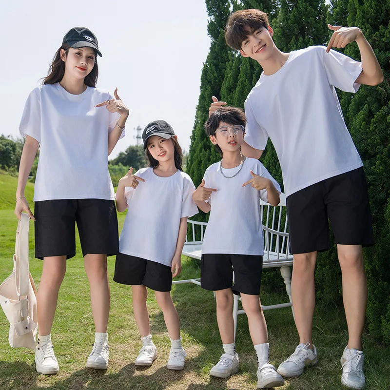 

Family Matching Clothing Mother Father and Daughter Son Same White Short Sleeve T Shirt Shorts Two Piece Set Parent-child Outfit