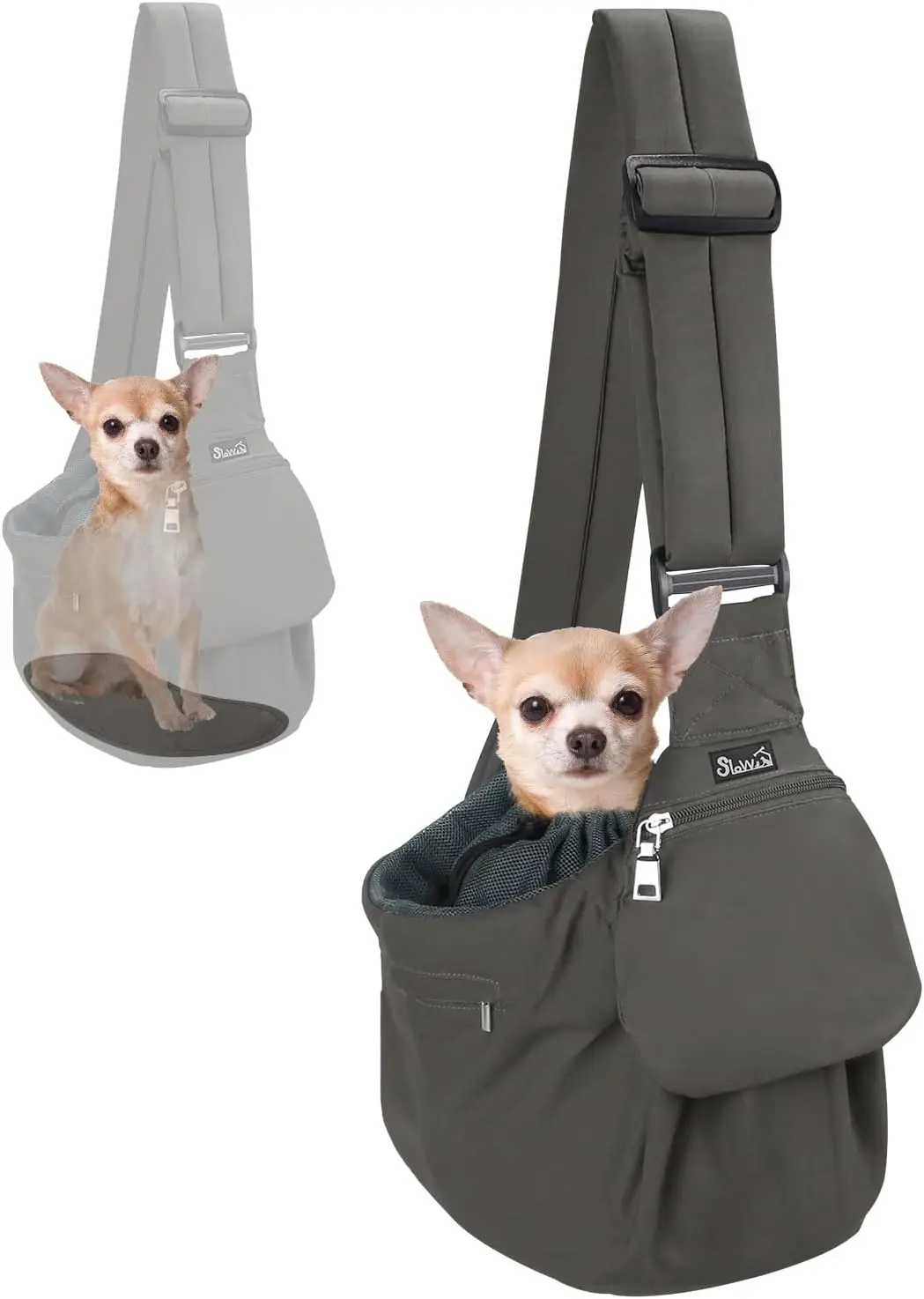 

Dog Carrier Sling with Hard Bottom - Adjustable Padded Strap, Drawstring & Zipper Pockets (Grey)