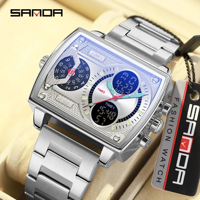 SANDA New Man's Watch Fashion Square Large Dial Unique Pattern Sports Multifunctional Student Electronic Watch Waterproof Watch