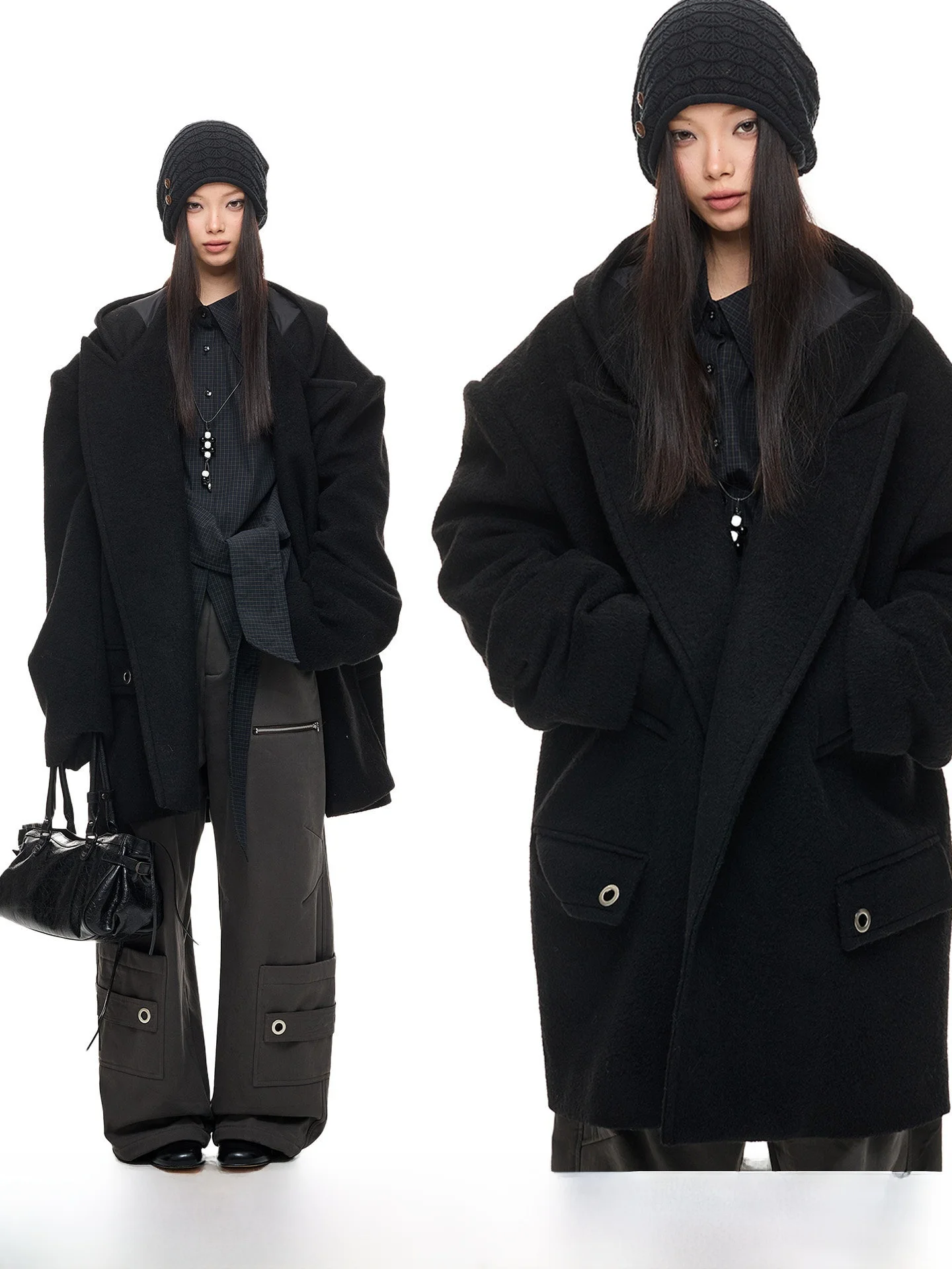 

JIKOO Byron Night Talk Original Design Large ape Bla Hooded Woolen Coat Women's Outerwear Vintage Sle Long Sve Thi...