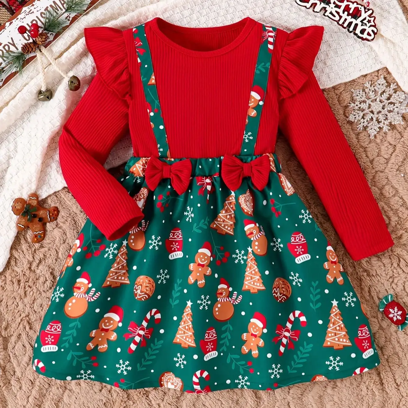 

New Autumn Winter Christmas Girls Long Sleeve Ruffled Bow Snowman Print Dress For Toddler Kids Xmas Party Prom New Year Gown