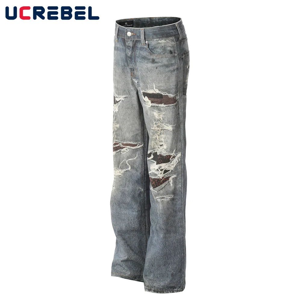 Ripped Patchwork Washed Distressed Jeans Mens Retro High Street Loose Straight Wide Leg Beggar Jeans Men