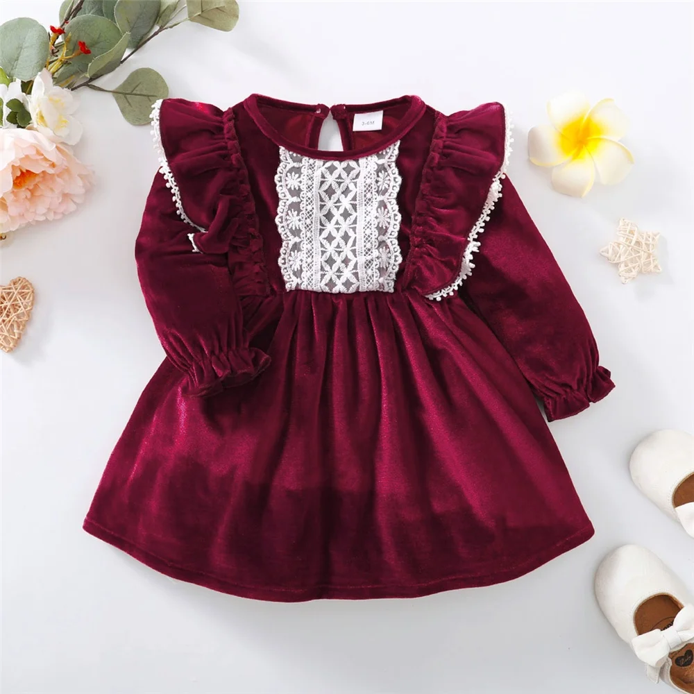 Christmas Party Skirt Baby Girl Long Sleeve Ruffle Satin Finish Dress Fashion Holiday Autumn Winter Wear for Kids Girl 0-7 Years