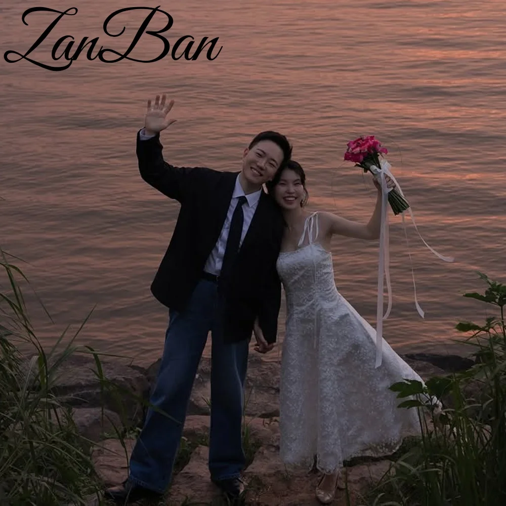 ZanBan Elegant A-line Spaghetti Strap Lace Party Dress Ankle-Length Bow Design White 이브닝드레스 2026 New Dress customized