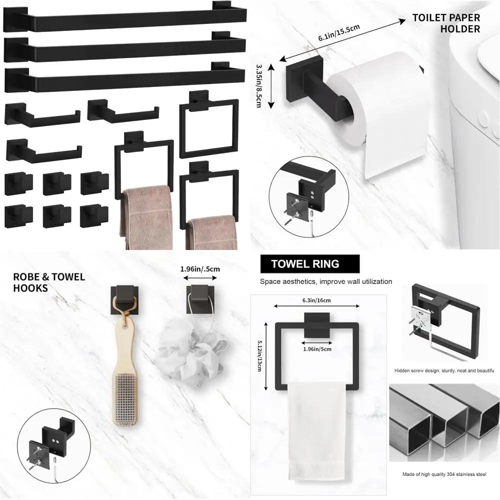 

Matte Black Bathroom Accessory Set - 15-Piece Stainless Steel Towel Bar Hardware Collection, 23.6 Inch for Modern Bathroom Decor