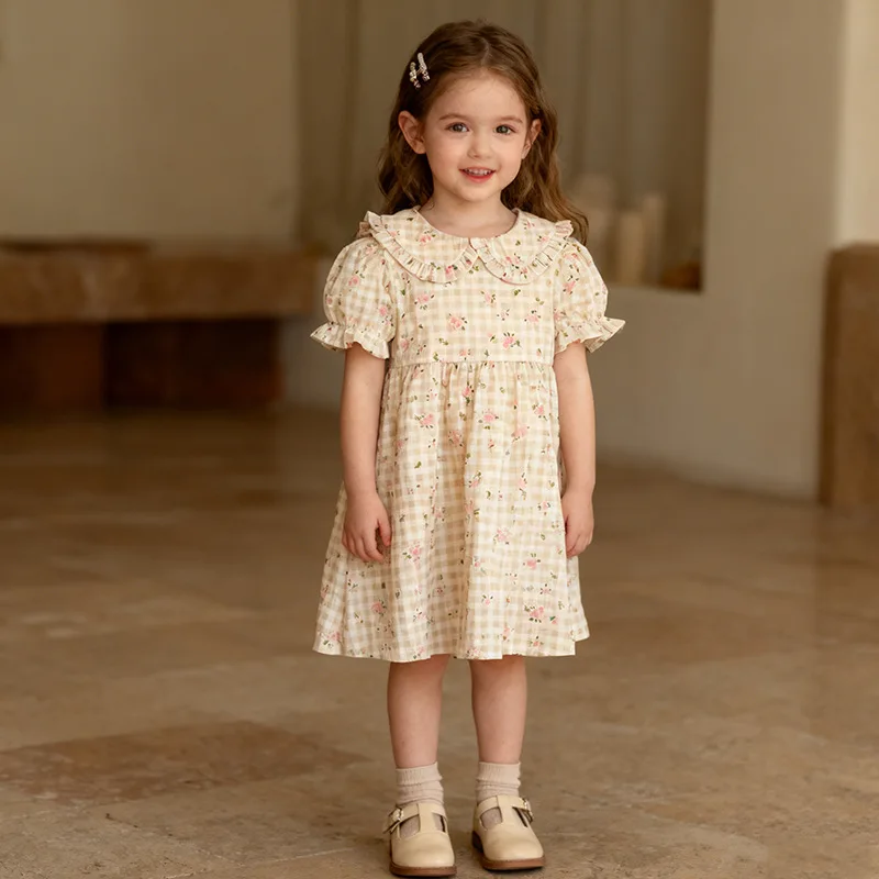 

Girls' Summer Dress New Little Girl Dress Doll Collar Floral Short Sleeve Baby Girl Princess Dress Stylish Children's Clothing