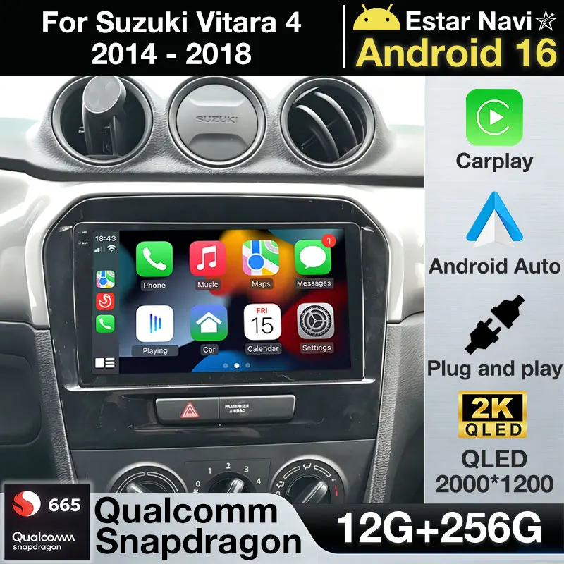 Android 16 Car Play para Suzuki Vitara 4 2014 - 2018 Radio de coche Reproductor multimedia Reproductor de video Navegación GPS Reproductor estéreo Cámara 360 BT